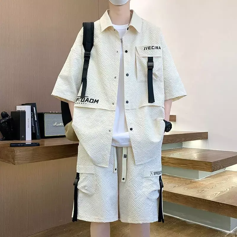 Letni koszula męska kombinezon luźne oddychające 2024 casualowe zapinana z klapą szorty 2-częściowy komplet fajne w stylu Streetwear pół rękawa