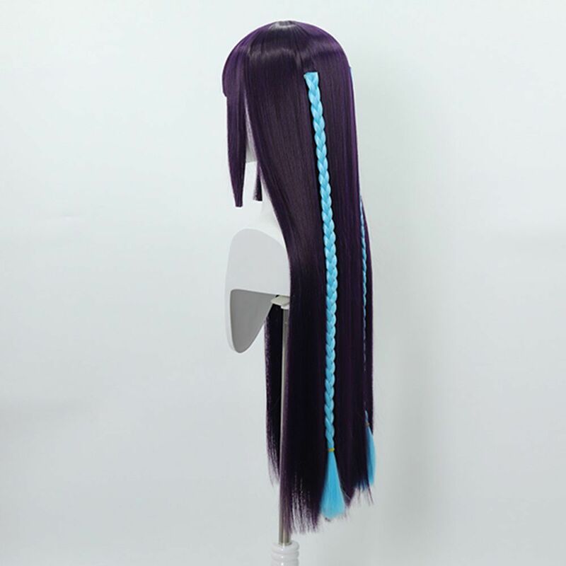Anime Game Cosplay Dark Purple Long Straight Hair Blue Braid High Temperature Fiber Synthetic Wigs Pelucas Hair Daily Party Use