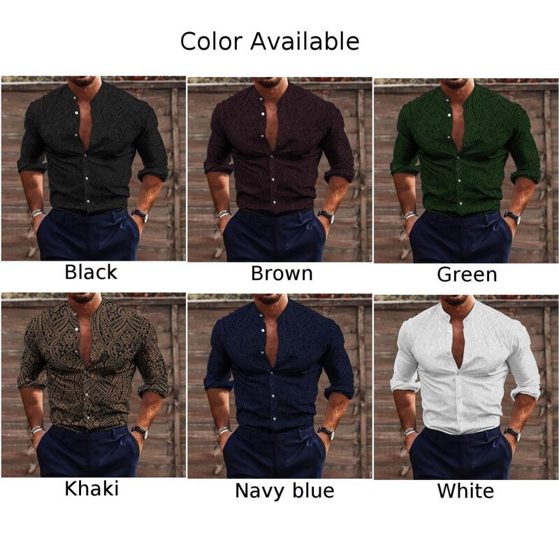 Stylish Casual Daily Shirt Party T Band Collar Button Down Casual Dress Up Fitness Long Sleeve Mens Muscle Printed