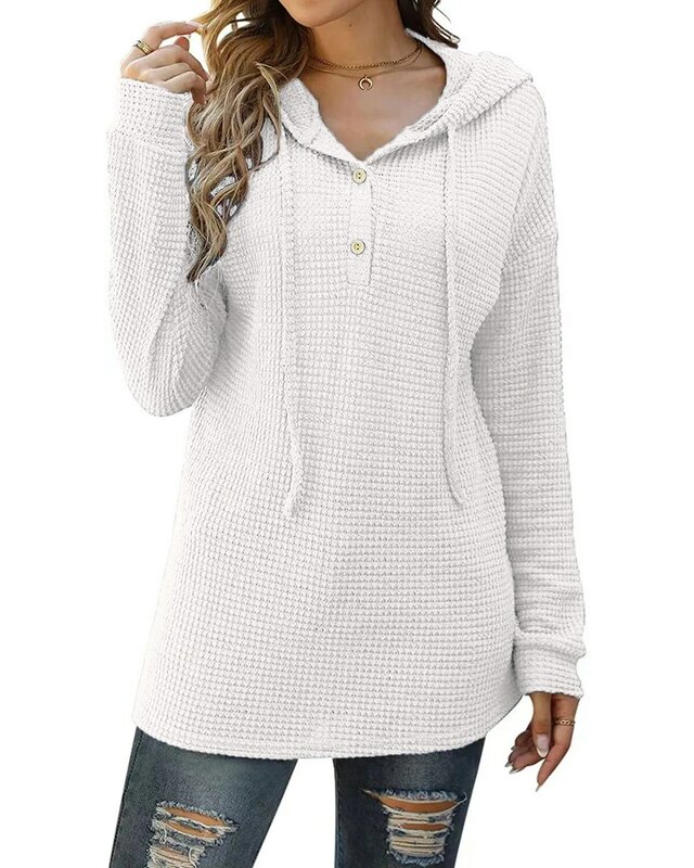 Women's Sweater Autumn and Winter New Loose Sports Knit Sweater Long-sleeved Button Hooded Sweater Female