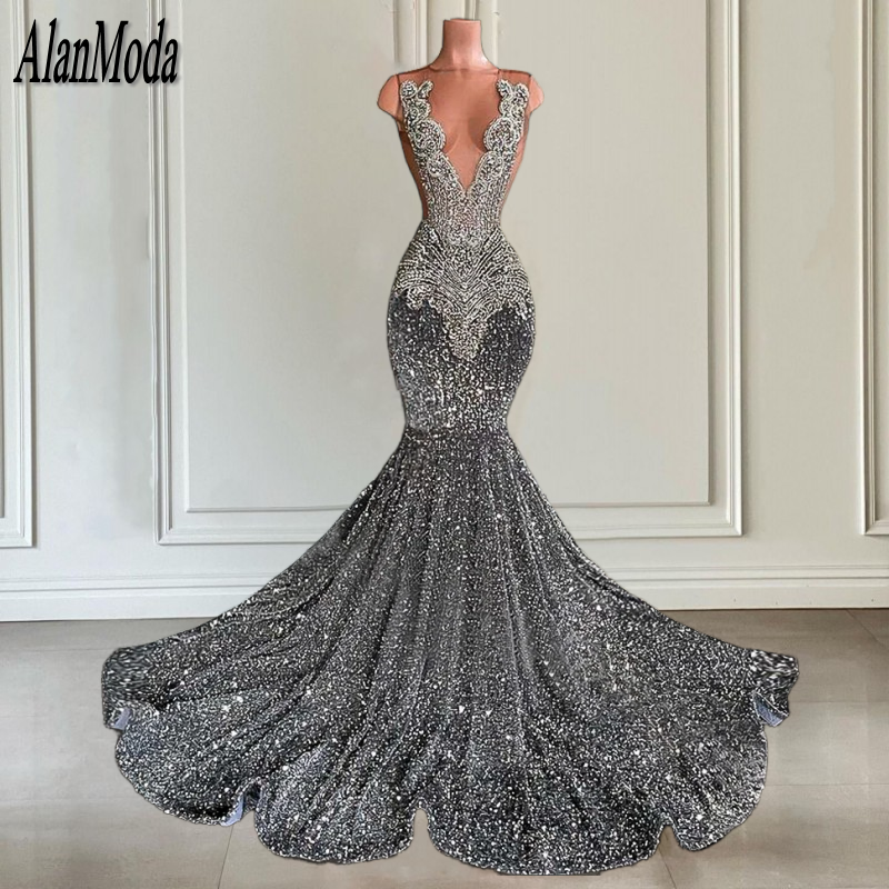 Sparkly Silver Prom Dresses 2024 Sheer Neck Luxury Crystals Diamond Sequin Mermaid Party Gowns For Black Girl Evening Dress Long