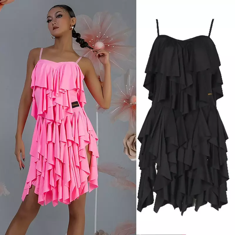 Vestido latino com babados de costas abertas feminino, vestido de dança de salão, preto e rosa