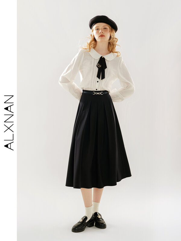 ALXNAN Temperament Pure Black Pleated Skirt Women 2024 Spring New Elegant Elastic Waist A-line Loose Midi Skirt Female TM00303