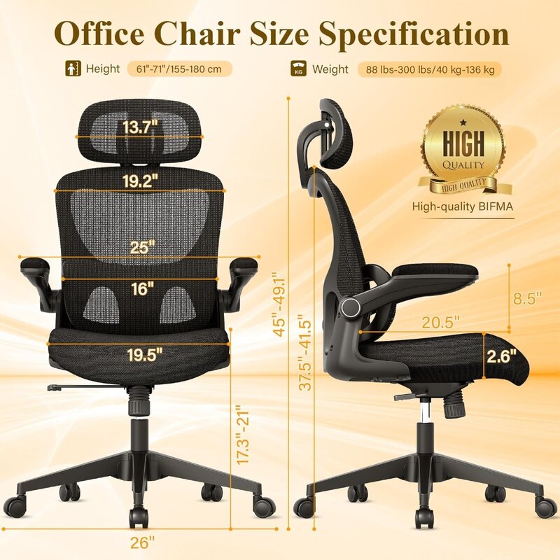 Silla ergonómica de oficina de malla, silla de escritorio de Espalda alta con soporte Lumbar ajustable, brazo abatible, reposacabezas, rueda giratoria rodante