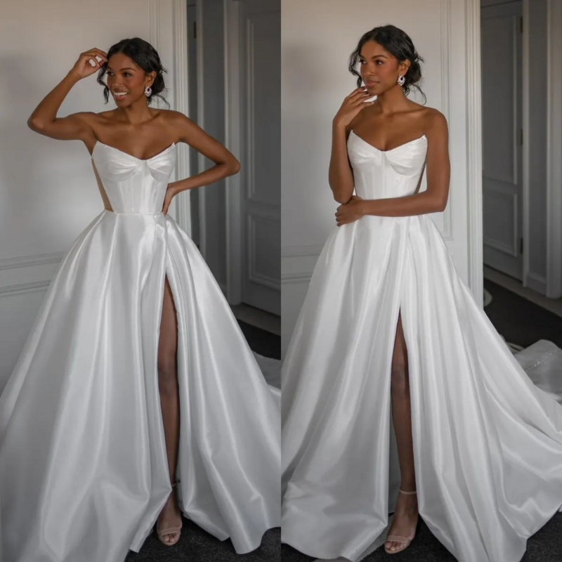 Sexy A Line Wedding Dresses For Women Strapless Sweetheart Thigh Slit Vestidos De Novia Bone Bodice Satin Elegant Bridal Gowns