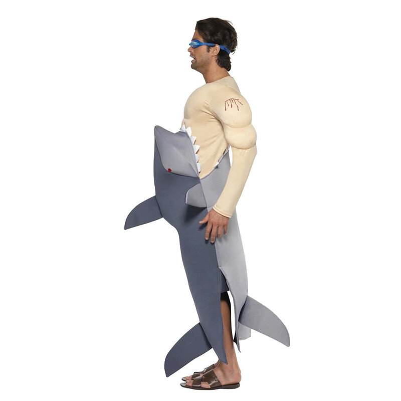 Man Eating Shark Costume Scary Bloody Shark Jumpsuit Halloween Costume For Adult Muscle Men Cosplay Carnival Party Purim