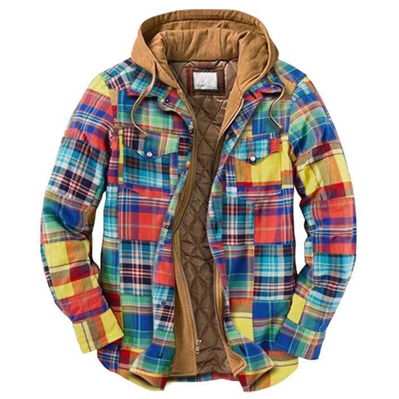 남성용 긴소매 지퍼 후드 재킷, 하라주쿠 체크무늬 코트, 베이직 캐주얼 셔츠 재킷, 유럽 미국 사이즈 S-5XL, 가을 겨울