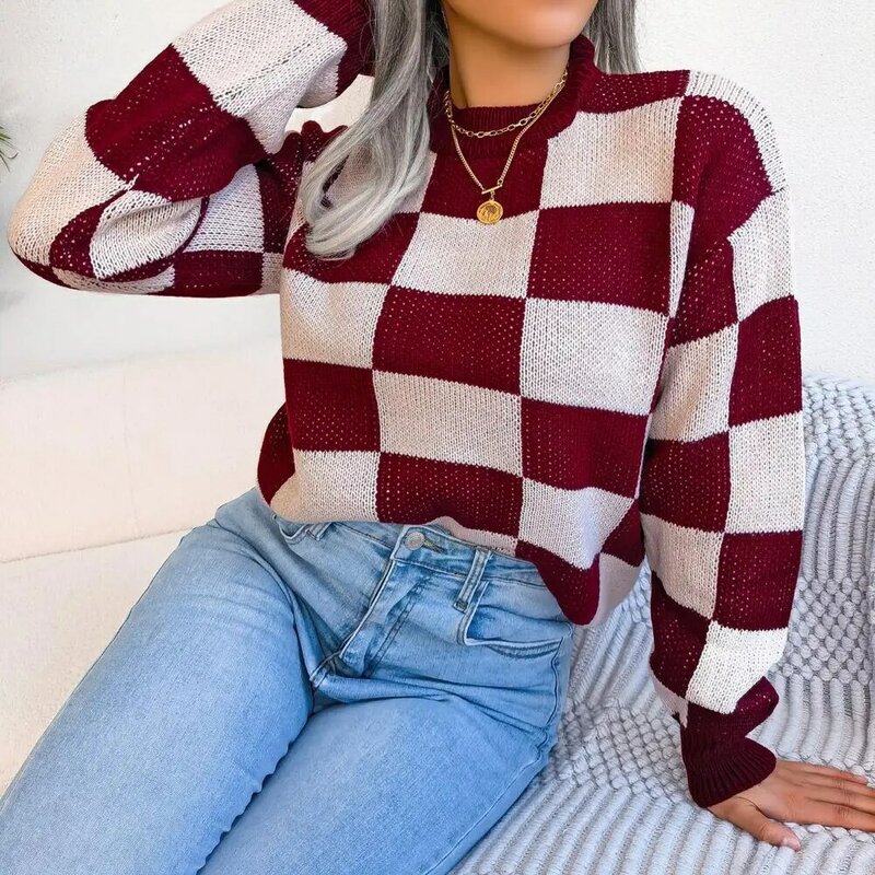 Women Long-sleeve Pullover Sweater Contrasting Color Knit Sweater Plaid Print Knit Sweater O-neck Loose Tops Fall for Women