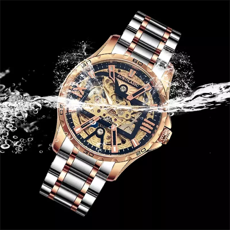 AOKULASIC Men's 2023 Automatic Mechanical Watch Hollow Out Top Brand Fashion Luxury Business Watch Men Waterproof Sport Clocks