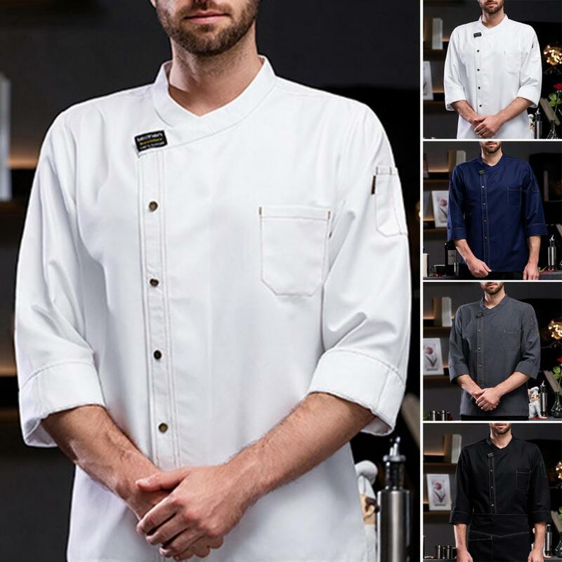 Chef Top Unisex Chef Shirt traspirante morbido colletto alla coreana Top per cucina cuochi camerieri manica lunga monopetto con tasca