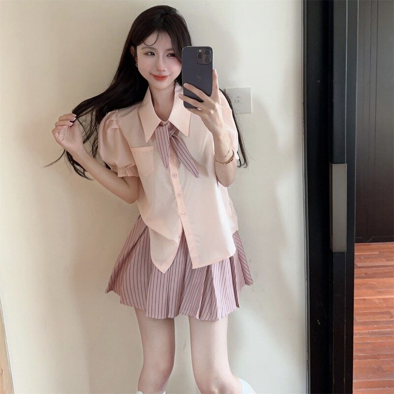 Academy Sweet Bubble Sleeves Shirt Stripe gonna a pieghe Set a due pezzi donna Polo Neck Fashion coreano Spicy Girl Slim Summer Suit