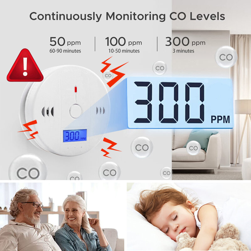 Alarm detektor karbon monoksida, Sensor fotolistrik baru 85dB peringatan suara LCD tampilan Digital rumah dalam ruangan CO sirene keracunan