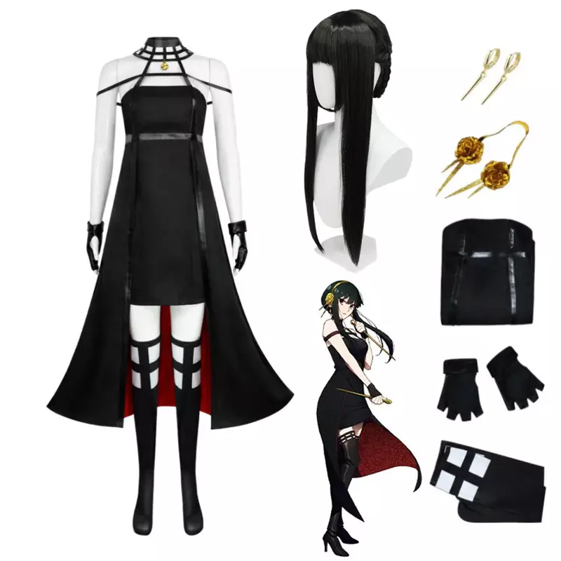 Disfraz de Anime Spy X Family Yor Forger, Yor Briar, vestidos para mujer, peluca, arma, diadema, pendientes, guantes, medias