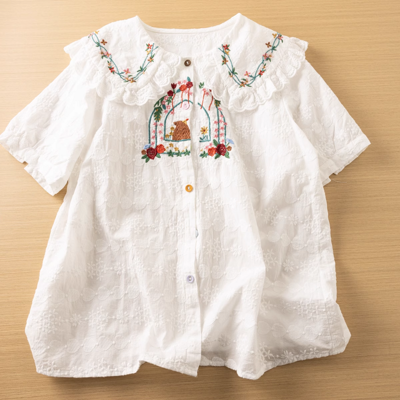 Camisas y blusas de retazos de encaje bordado kawaii de estilo japonés para niñas Mori, ropa juvenil para mujer, ropa dulce lolita