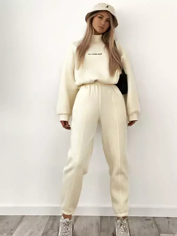 Kombinezon damski zimowy bluzki z golfem do kostek spodnie sportowe z wysokim stanem 2-częściowy zestaw dresów polarowych dla kobiet