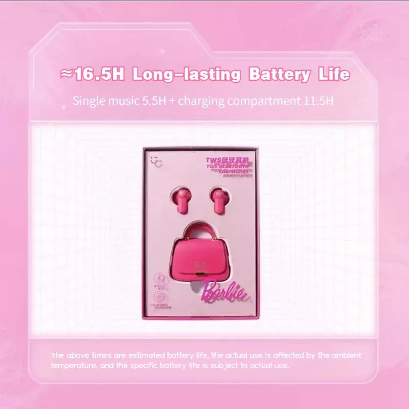 정품 MINISO 바비 시리즈 TWS 블루투스 헤드폰, 핑크 귀여운 크리에이티브 핸드백 모양 인이어 귀마개, 소녀 명절 선물
