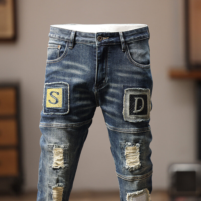 Geborduurde Jeans Heren Stikwerk Patchwork Trendy Retro Slim Fit Licht Straight-Leg Persoonlijkheid Straat Motorbroek