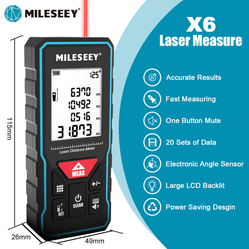 MILESEEY X6 pengukur pita Laser, pengukur jarak profesional dengan tampilan sudut 40M 60M 80M 100M
