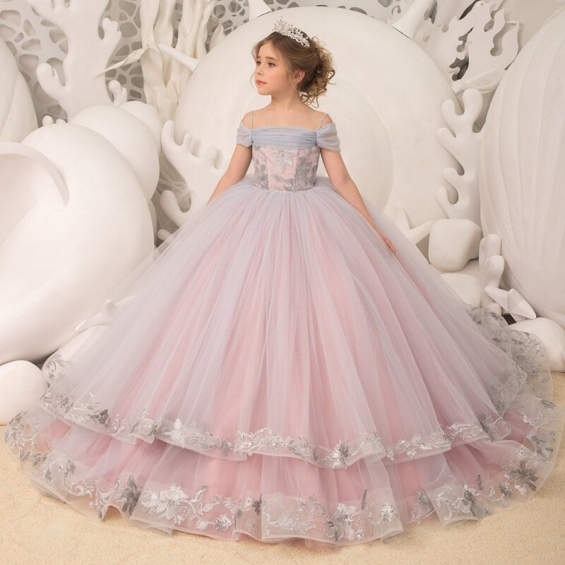 Платья для девочек с цветочным рисунком, искусственное фиолетовое тюлевое пышное платье с открытыми плечами и узором для свадьбы, дня рождения, банкета, платья принцессы