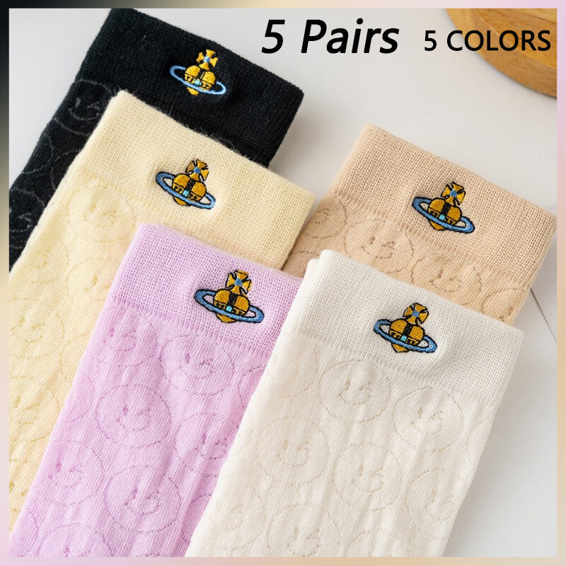 5 Pairs Thin Ice Silk Socks Women Breathable Mesh Embroidered Fashion Versatile Style Cool Summer Pile Up Women's Trendy Socks