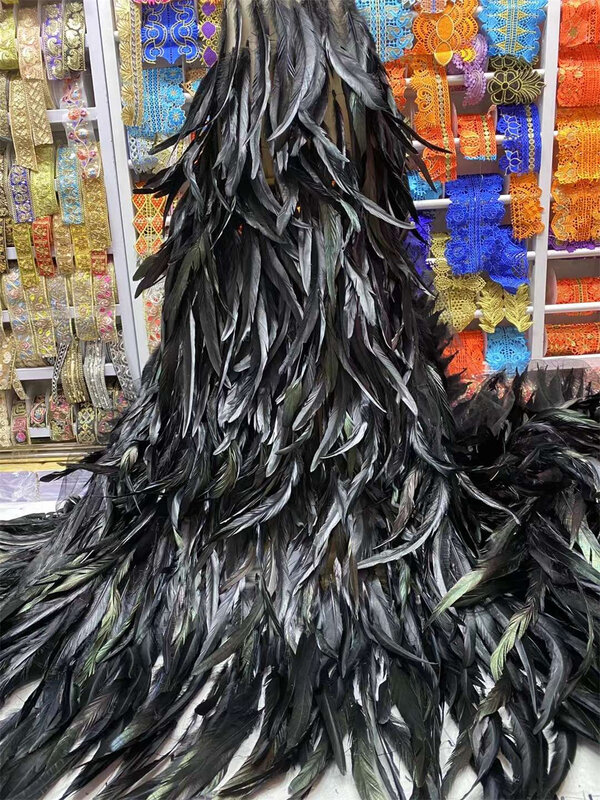 Tela de encaje Nigeriano para vestidos de cumpleaños, tejido bordado de plumas nigerianas de alta calidad, 5 yardas, color negro, Wp483-2 de lujo, 2024