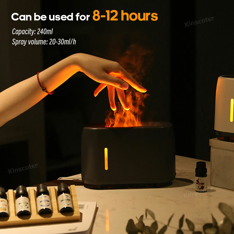 Kinscoter 240 مللي لهب الهواء المرطب الكهربائية الملونة النار زيت طبيعي ناشر رائحة هدية باردة مع جهاز التحكم عن بعد Flame Fire Humidifier Diffuser