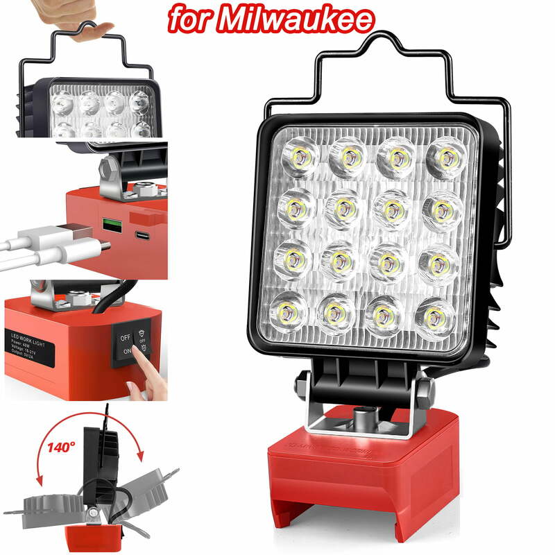 Lampu kerja LED 24W/48W untuk Milwaukee M18 lampu sorot tanpa kabel tahan air dengan USB & Port pengisian daya tipe-c untuk berkemah bengkel