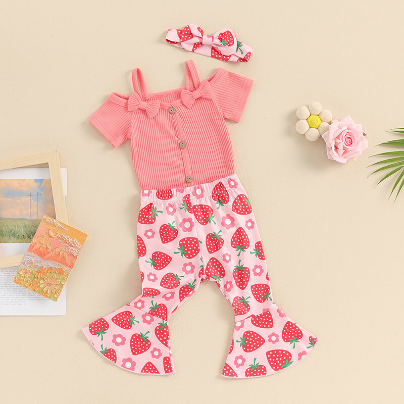 Infant Baby Girl Clothes Ribbed Suspenders Short Sleeve Romper Floral Flared Pants Headband Set 3Pcs Summer Outfits