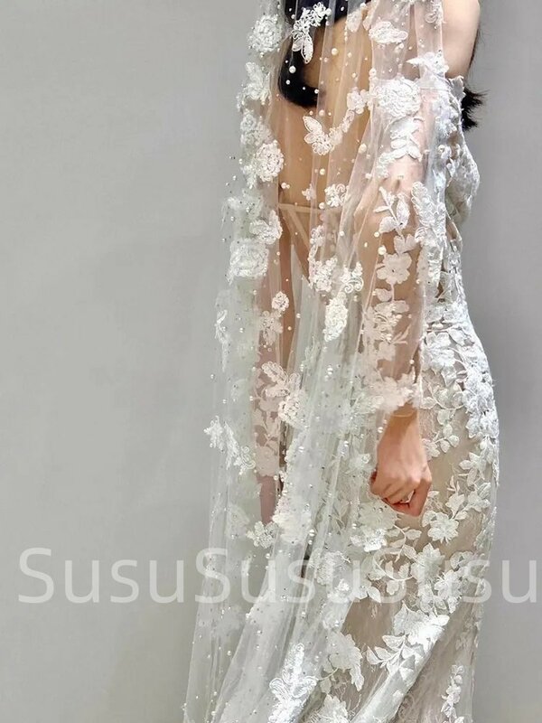 Женское свадебное платье в стиле бохо, платье с длинным рукавом и открытой спиной, кружевное свадебное платье с юбкой годе и цветами, со шлейфом, новинка 2023