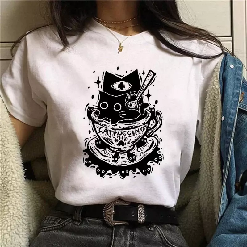 Fashion Women's T-Shirt Cute Cat Print O-Neck T-Shirt Vintage T Shirt Clothes Female Tshirt Y2K Top Short Sleeve T-shirt Casual