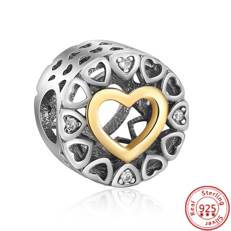 925 Silver Golden Heart Birthday Candle Engagement Ring Pendant DIY Beads Fit Original Pandora Charms Bracelet Fine Jewelry Gift