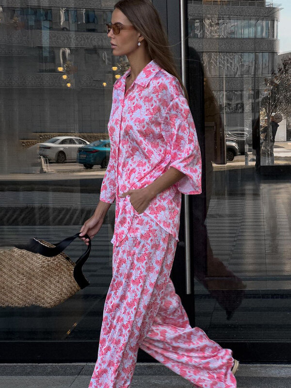Marthaqiqi-Conjunto casual de camisola feminina, pijamas de gola virada para baixo, pijama de manga comprida, calças estampadas, terno de 2 peças