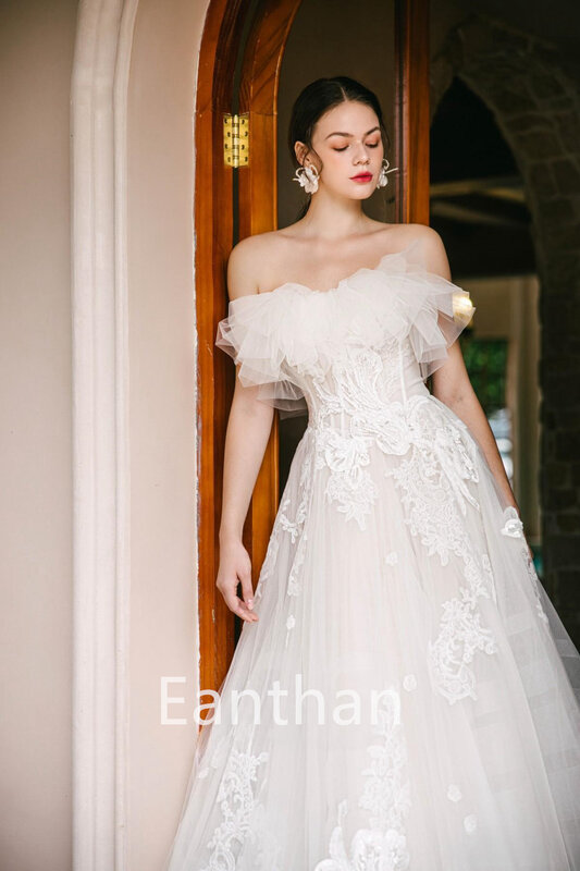 Gaun pengantin wanita garis gading terbaru untuk wanita gaun pengantin tanpa tali gaun pengantin renda kerut renda pesta pernikahan Vestidos