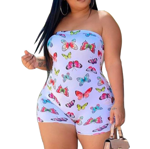 Women Off Shoulder Short Romper Butterfly Print Party Sleeveless Bodycon Jumpsuit