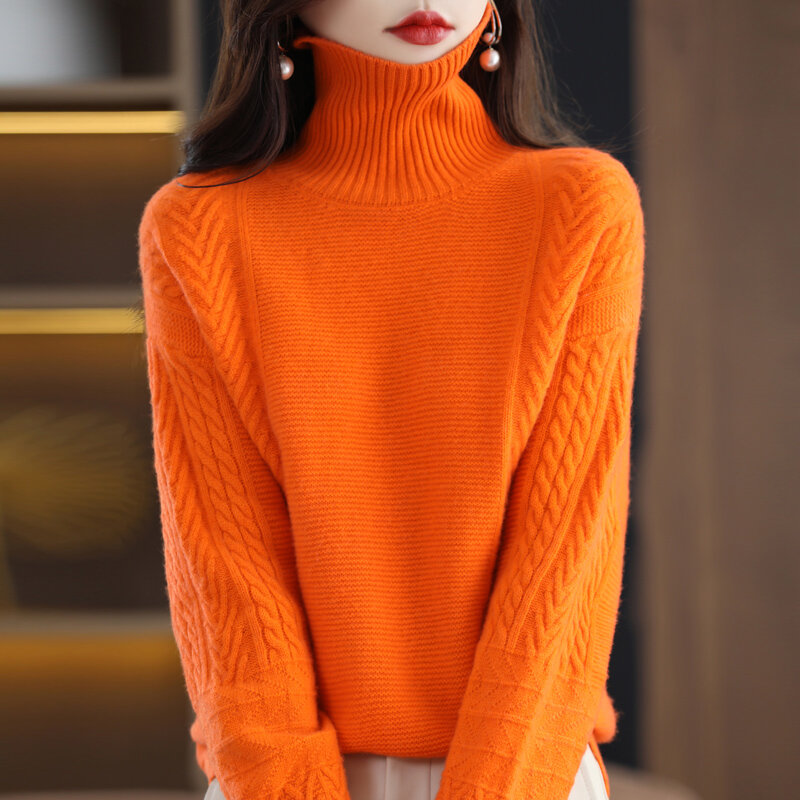 Женский свитер из чистой шерсти, свободный жаккардовый свитер с воротником «хомут» и цветочным принтом, утепленная верхняя одежда для осен...