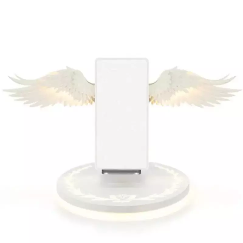 Angel Wings QI 휴대폰 고속 충전 무선 충전기, 창의적인 이동식 날개 모양, 호흡 조명 및 음악 기능 선물, 10W