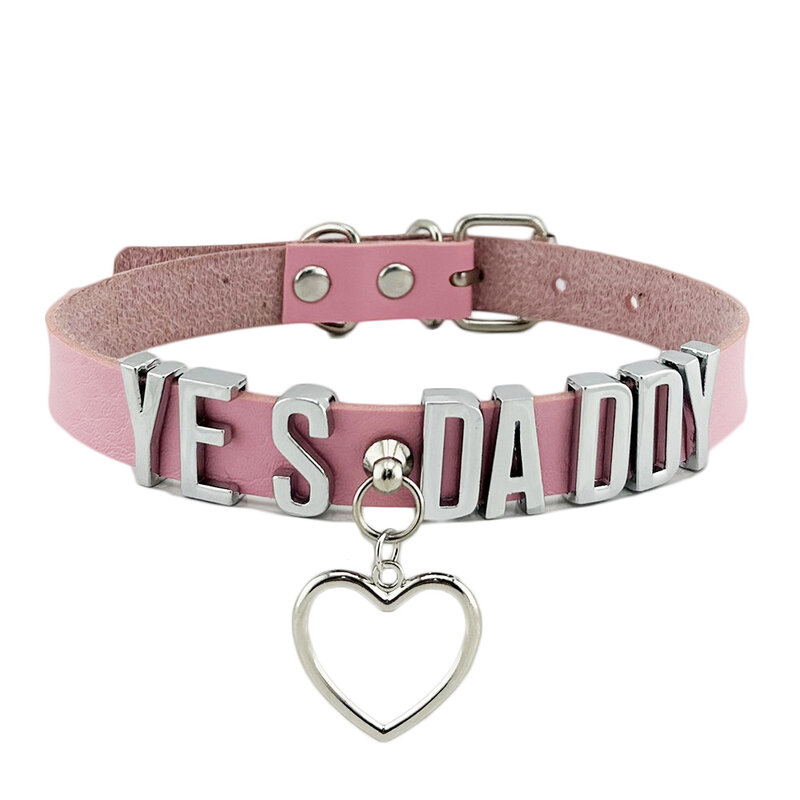 Heart Pendant PINK Leather Customized Yes Daddy Girl Collar Punk Sexy Unisex Hiphop Goth Name Chocker Necklace Cosplay Accessory