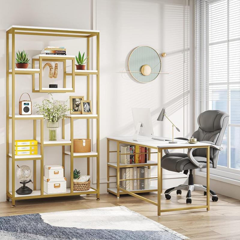 Tribesigns 71 Gold Etagere Bookss, Free Standing Book Shelf for Living Room, Bedroom, Home Office, Gold & White