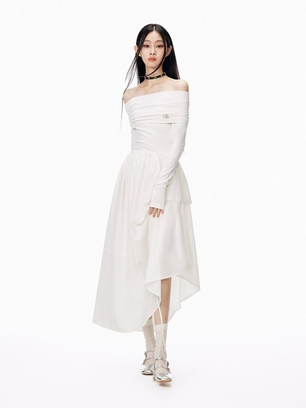 Длинное платье HOUZHOU, черное цельное платье, женское шикарное и элегантное облегающее платье с длинным рукавом, в Корейском стиле, белые строгие платья в готическом стиле