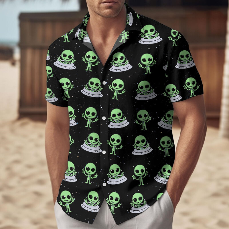 Camisa con estampado 3d de Alien para hombre, camisa informal de gran tamaño con solapa y botones, ropa de verano