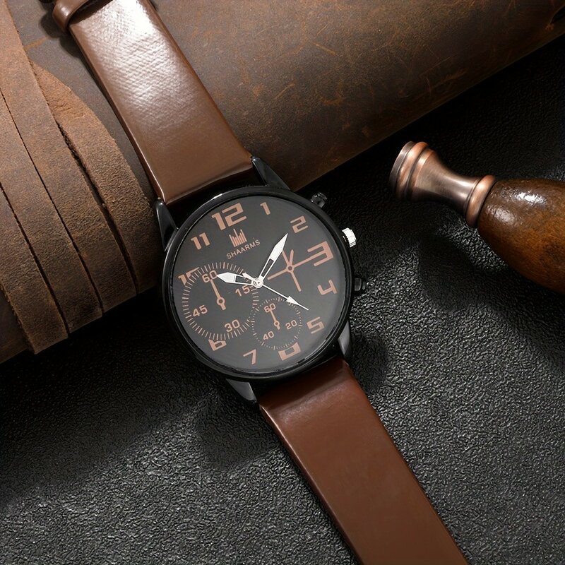 Kegllect-reloj de cuarzo con correa de cuero para hombre, accesorio de pulsera con esfera redonda, Ideal para regalo, sin caja, 5 piezas