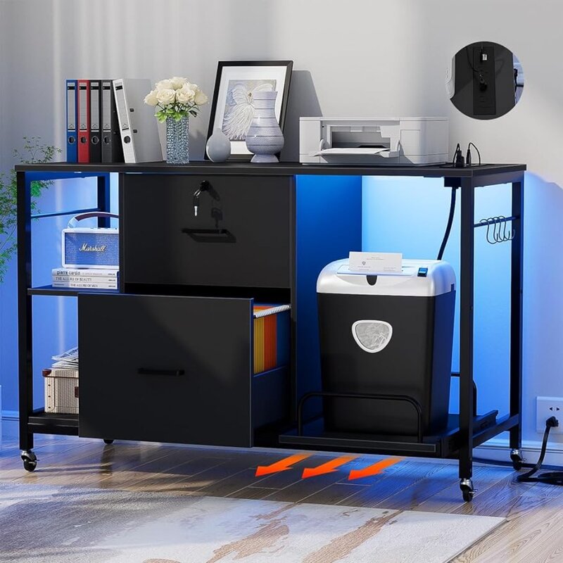 Home Office Cabinet for Letter Legal Size Furniture With Drawers Rolling File Cabinet With Outlet and LED Light Black Lock