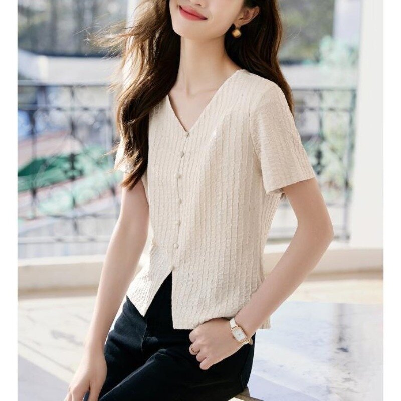 Women's 2024 Summer New Pullover V-neck Spliced Fashion Solid Waffle Button Simple Commuter Slimming Versatile T-shirt Tops