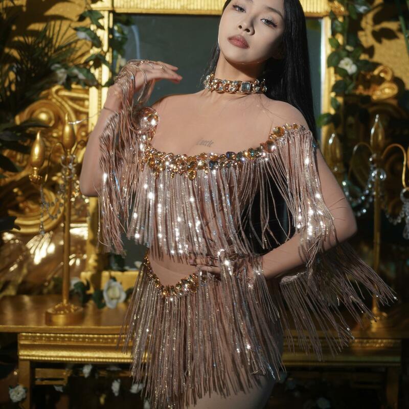 Sparkly Crystals Sequins Fringes Transparent Bodysuit Dress Evening Birthday Celebrate Costume Women Dancer Show Outfit Weixiao
