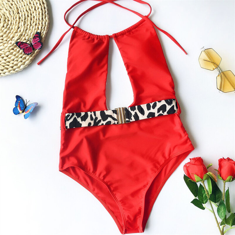 Bikini ahuecado rojo para mujer, traje de baño con espalda descubierta Sexy, cinturón, Monokini para vacaciones, trajes de baño brasileños para playa