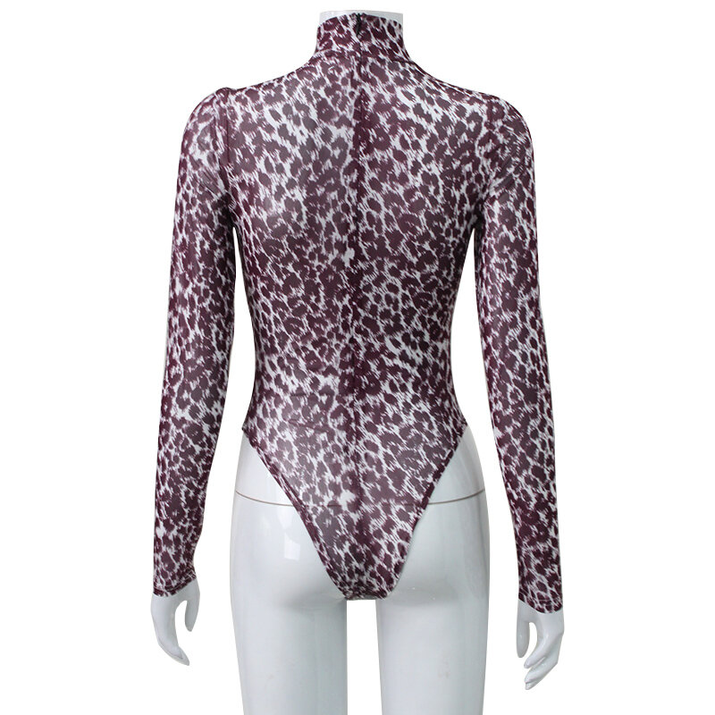 Moda seksowna siatka Leopard body kobiety dorywczo z długim rękawem obcisły kombinezon kobieta kombinezony kobiet Streetwear kostiumy imprezowe 2023