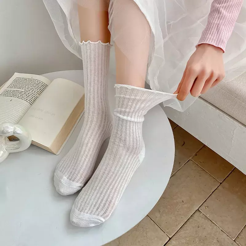 Lolita Kawaii Cute Ruffle Socks Women Summer Thin Mesh Breathable Loose Long Socks Ballet Style Solid Color Black White Socks