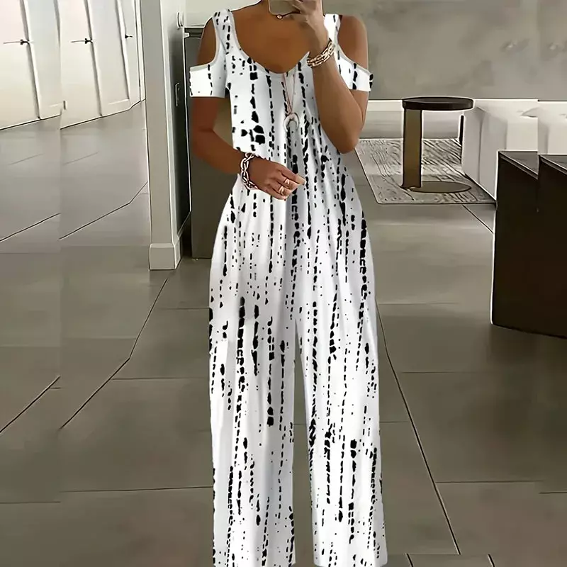 Summer Casual Style New Printed Jumpsuits for Women Sexy Hollow Out Sleeves Loose Long Pants Female Fashion Party One Piece Suit
