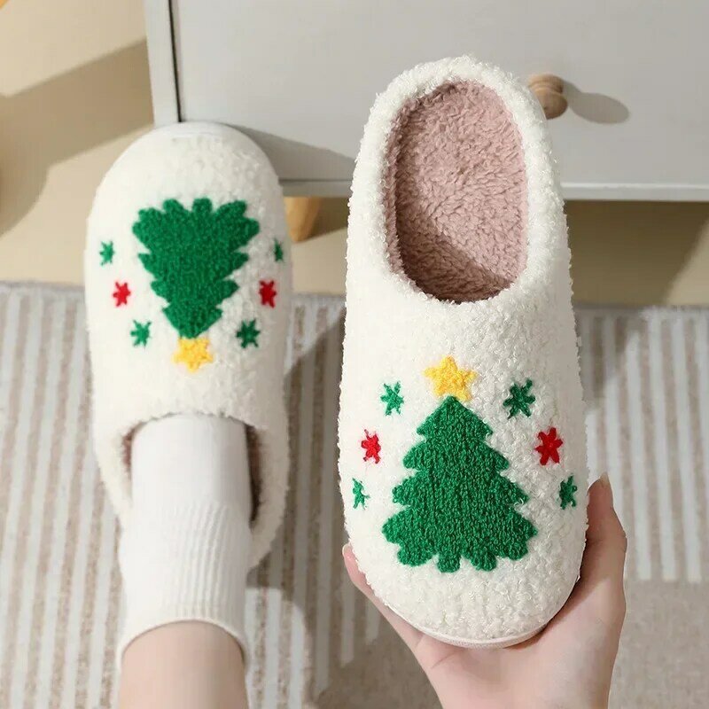 Рождественские тапочки, пушистые домашние Симпатичные плюшевые тапочки для рождественской елки, зимние теплые Нескользящие хлопковые тапочки на плоской подошве для женщин