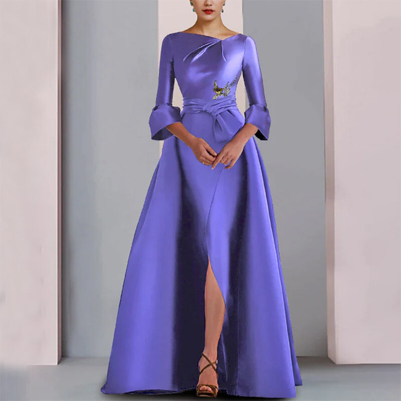 Long Elegant Mother of the Bride Dresses Beads Satin Floor-Length A-Line Wedding Guest Party Dress for Women 2024 Evening Gala